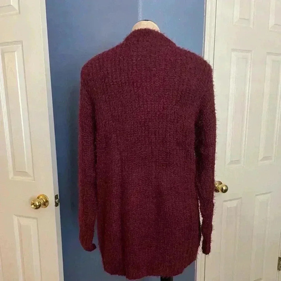 JustFab Fuzzy Burgundy Wine Open Cardigan - Picture 8 of 10